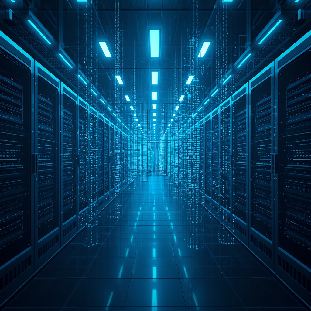 A futuristic server room with neon blue lights and abstract data streams floating in the air, cyberpunk style, high detail, no humans